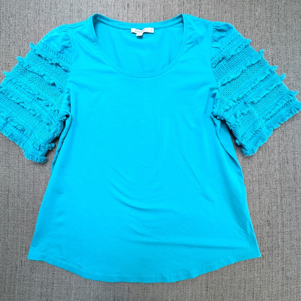 Chicos Turquoise Blue Pima Cotton Top Crochet Fringe Short Sleeve Size 1 M